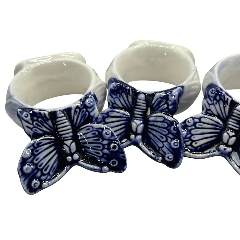 Vintage Handcrafted Butterfly‎ Napkin Rings Set of 8 Blue White Ceramic Decor